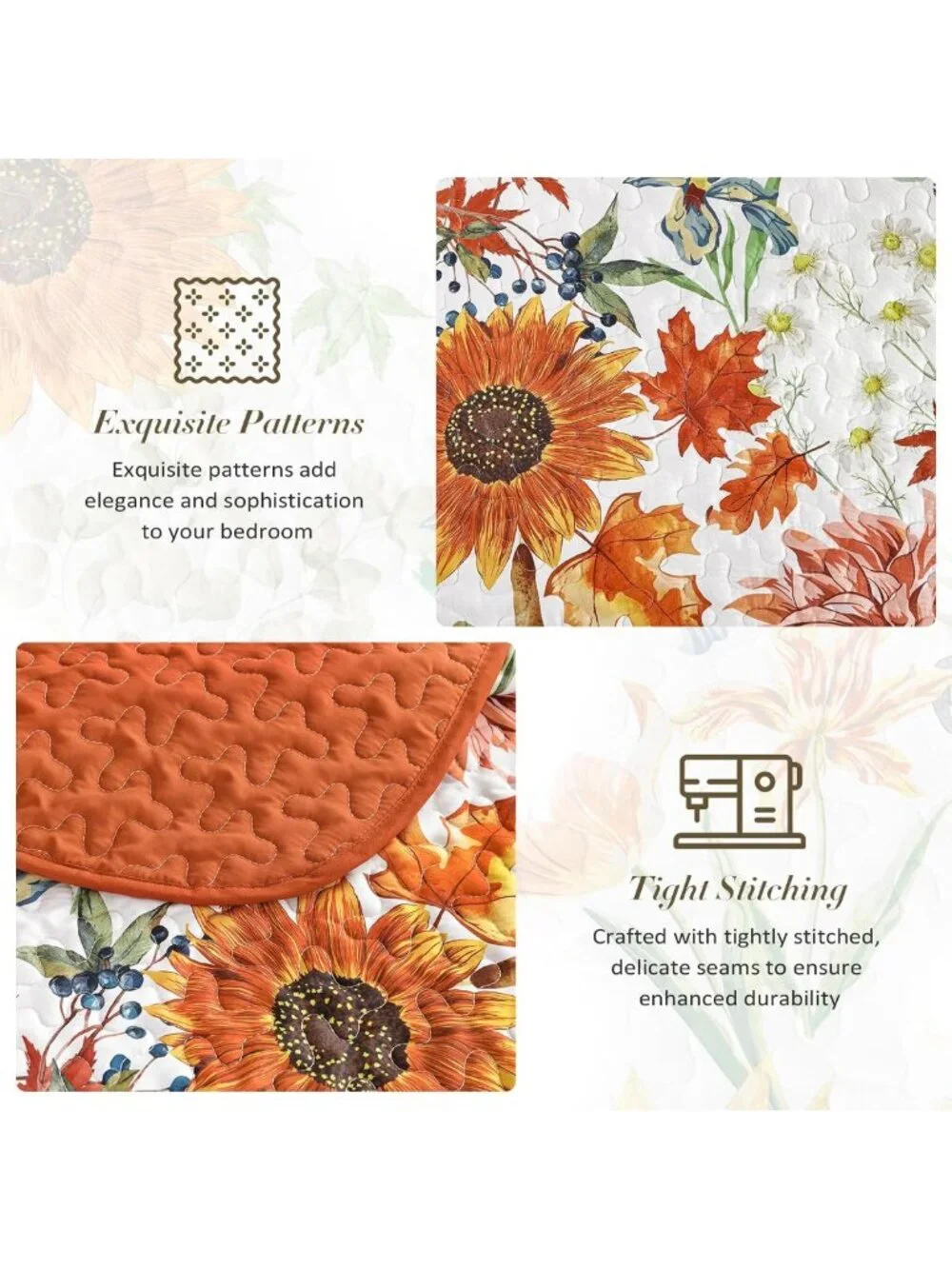 Queen Size Fall Floral Quilt Set - Orange Red Sunflower Bedding for Cozy Decor